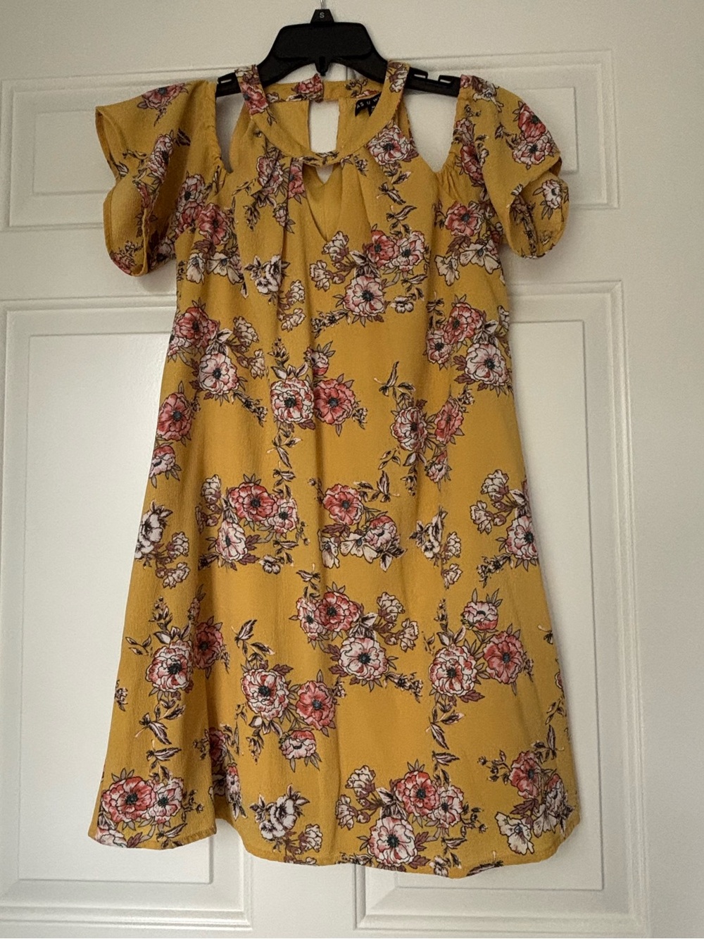 As U Wish Mustard Floral Cold-Shoulder Women’s (juniors) Dress